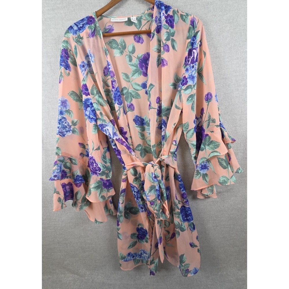 Susan Graver L Beach Cover Up Short Robe Lounge Wear Pink Ruffle Sleeve‎ Floral